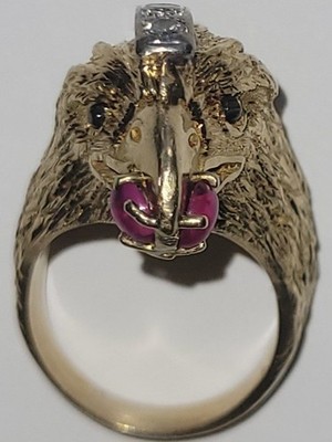 Vintage 18K massiv Gold Adler Ring Meisterarbeit Diamanten Rubine Rauchquarz