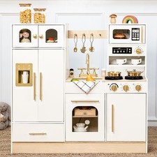 Wooden Play Kitchen Set - Realistic Pretend Play Kitchen with Stove, Sink, Co...