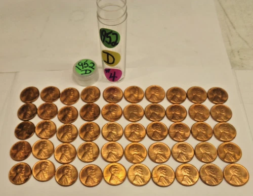 1952-D Lincoln Wheat Cent Penny Gem Red BU, 50 Coins