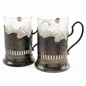 Vintage USSR Crystal Tea Glasses w Nickel Silver Holders Podstakannik Set of 2