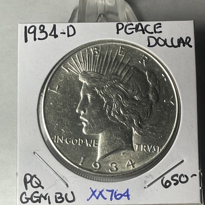 KEY 1934 D PEACE DOLLAR VERY NICE PQ GEM BU  XX764