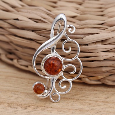 Ostsee Bernstein 925 Sterlingsilber Höhenschlüssel Musik Note Brosche Pin Schmuck