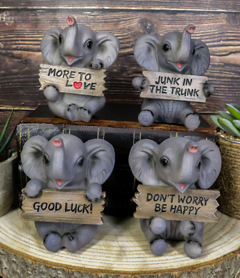 Lucky Trunks Baby Elephants Set of Four Figurine Holding Signs With Funny Saying