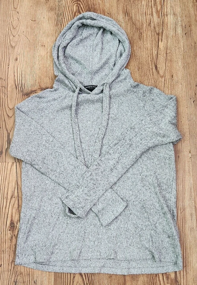 Suéter feminino tamanho G com capuz cinza macio com nervuras malha leve Kenneth Cole - Imagem 3 de 4