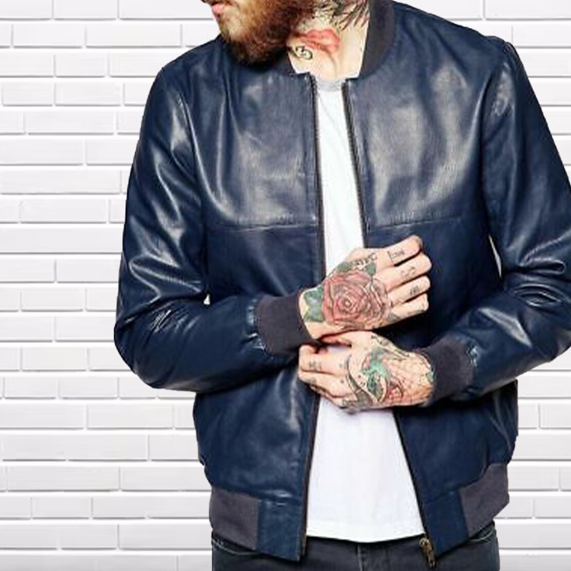 Men's Genuine Blue Lambskin Bomber Jacket Motorcycle Biker Coat