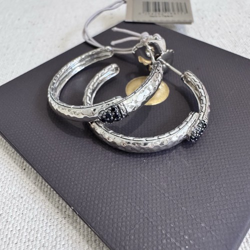 John Hardy Sterling Silver Hammered Medium Hoop Earrings Treated Black Sapphire - Picture 3 of 23