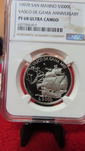 San Marino (Italy) 1997 San Marino Vasco Da Gama Ship Silver 5,000 Lire ngc PF68 - Picture 5 of 11