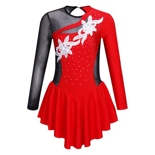 Girls Figure Skating Dress Roller Skater Ballet Dance Dress Gymnastic Leotard - Picture 4 of 43