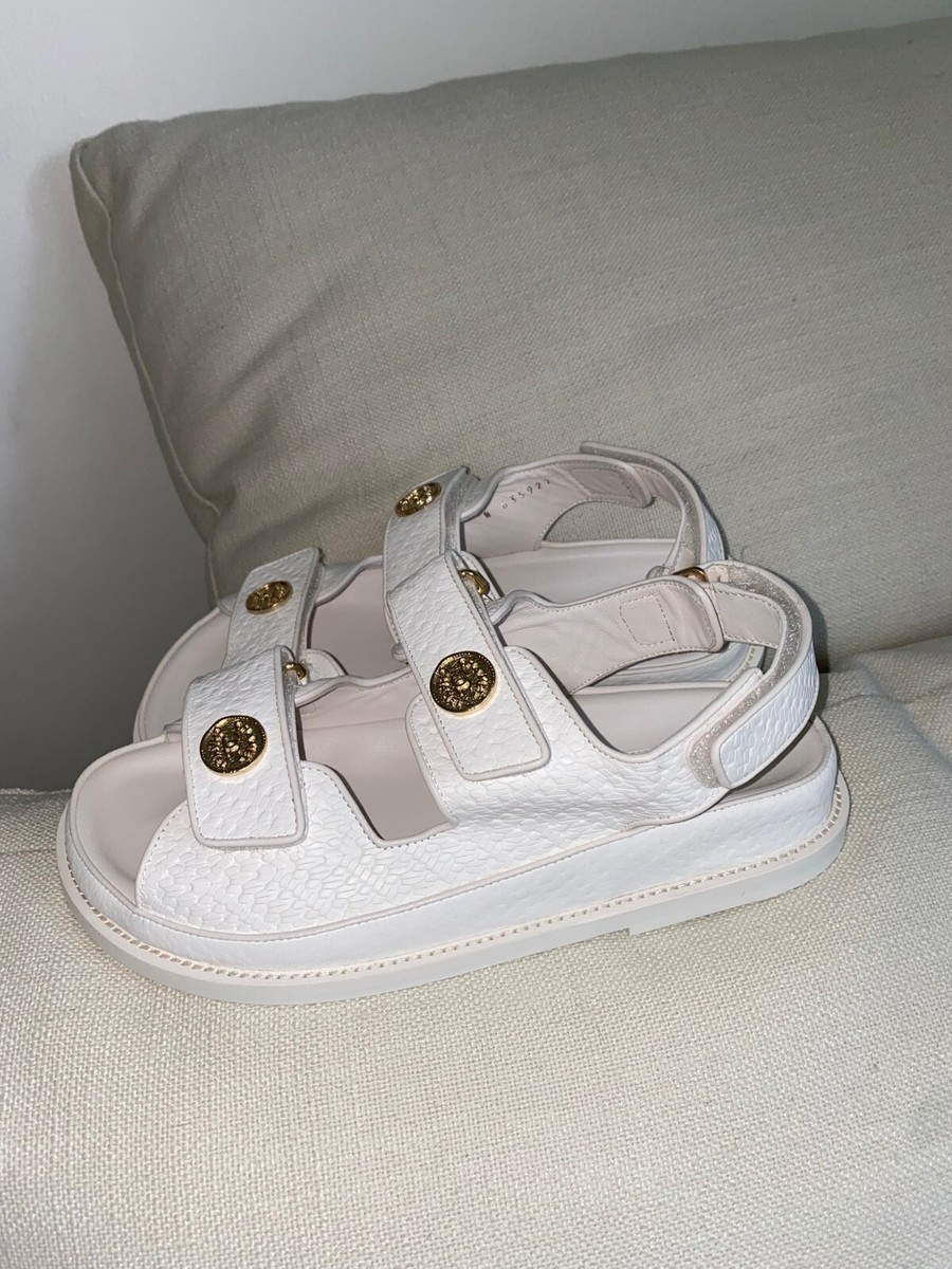 Chanel 22P Gold CC 38 8Coin White Calfskin Dad Sandals Shoes