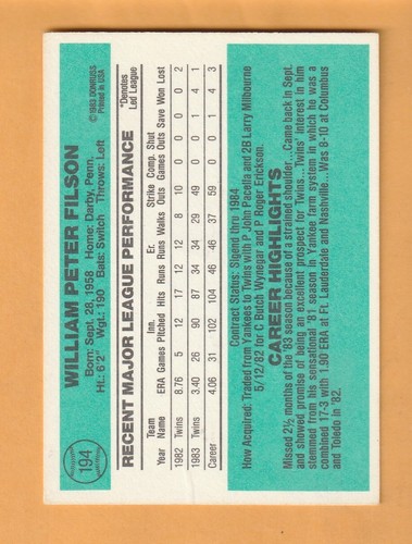 Pete Filson Minnesota Twins AUTO signiert 1984 Donruss Temple Owls geknickt - Bild 2 von 2