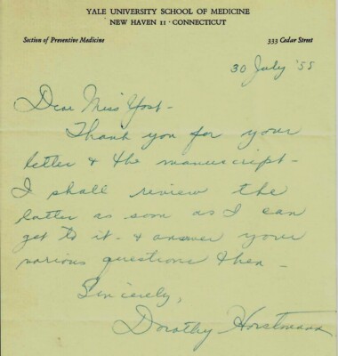  Epidemiology Pioneer  Dr Dorothy Horstmann Hand Written Letter Dated 1958 COA