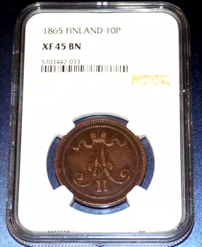 1865 Finland 10P NGC XF 45 BN Ten Pennia KM#5.1 Finnish Key Date Certified Coin