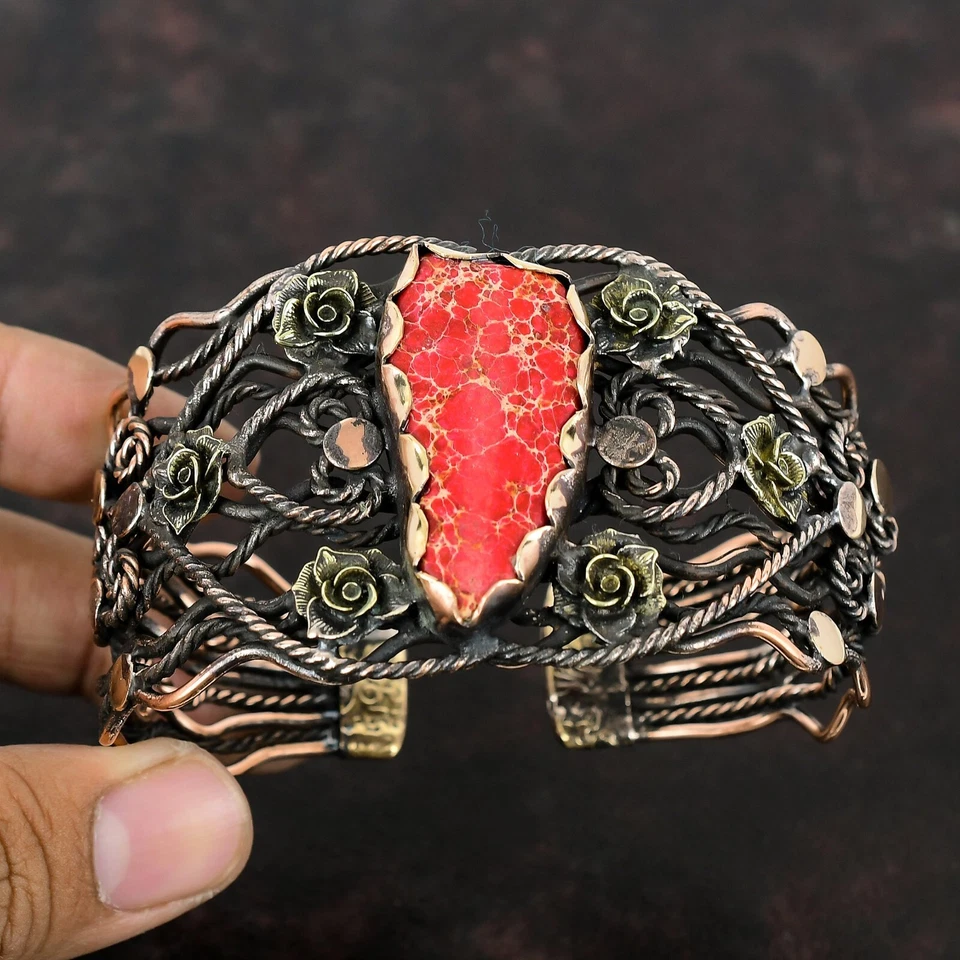 Brazalete Brazalete Hermana Flor Envuelto Alambre Piedra Jaspe Sedimento Mar Rojo Cobre Foto 2 de 4