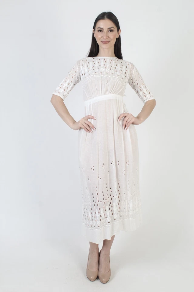 Vintage 1900s Edwardian Dress 20s Cotton Embroidered Eyelet Victorian Tea Gown - Image 2 of 4