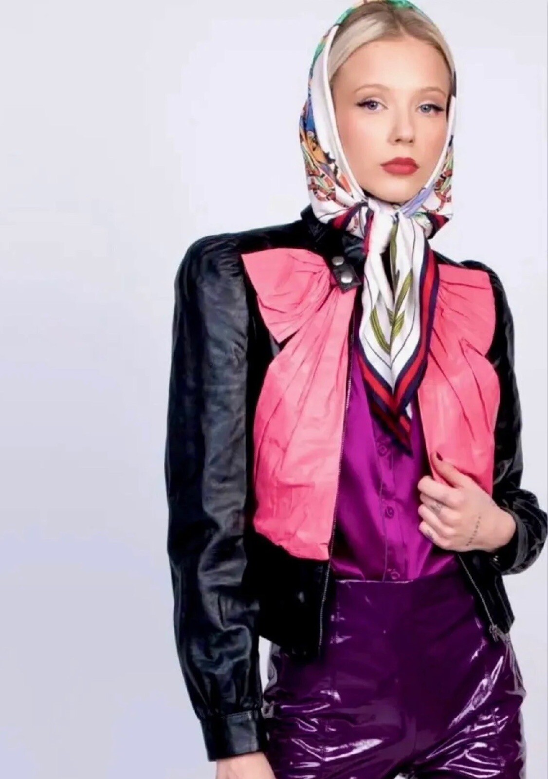 5K New Gucci 2017 Black Leather Bomber Jacket 38 40 2 4 Coat Pink Bow Top S M image 6