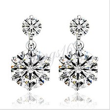 Genuine 925 Sterling Silver 16x9mm Two Diamond-Cut Crystal Post Earrings T743