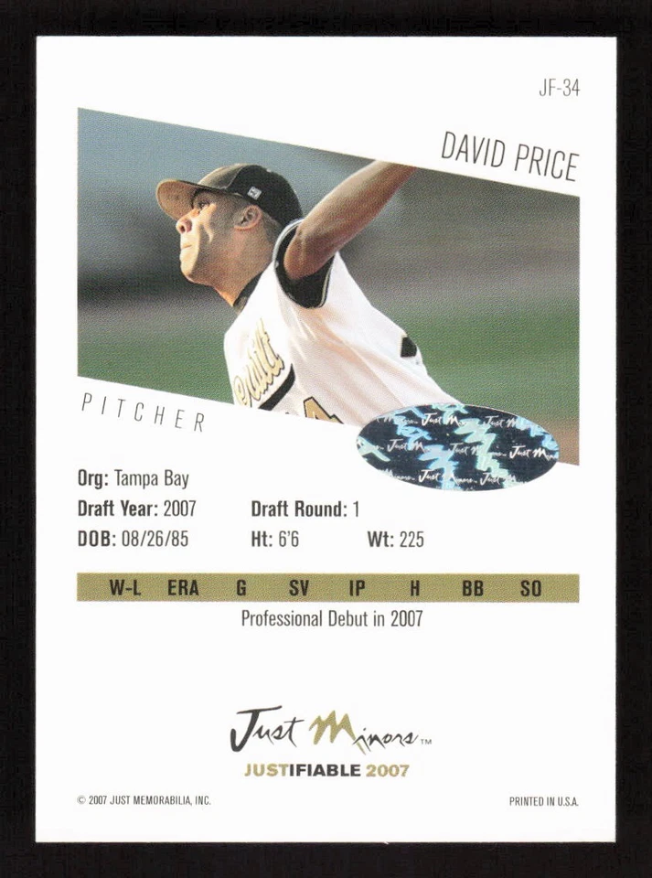 David Price 2007 Justifiable Autographs #JF-34 Tampa Bay Devil Rays Auto - Image 2 of 2