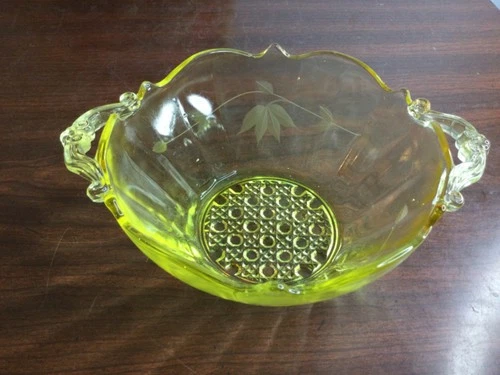 Lancaster Yellow Etched Depression Glass 2 Handled Bowl with a cane bottom 6.5”
