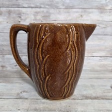 Antique Stoneware Pitcher Jug with Scalloped Design Yellow Ware Brown Glaze