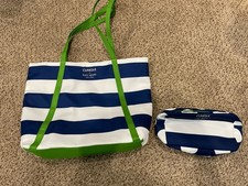 CLINIQUE x Kate Spade Travel Tote Bag w/Small MakeUp Bag-Blue White  Green, EUC