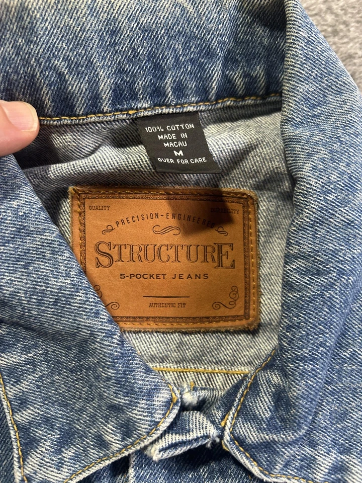 Vintage Structure Jacket Mens Medium Blue Denim Trucker Button Front Pockets 90s - Image 3 of 4