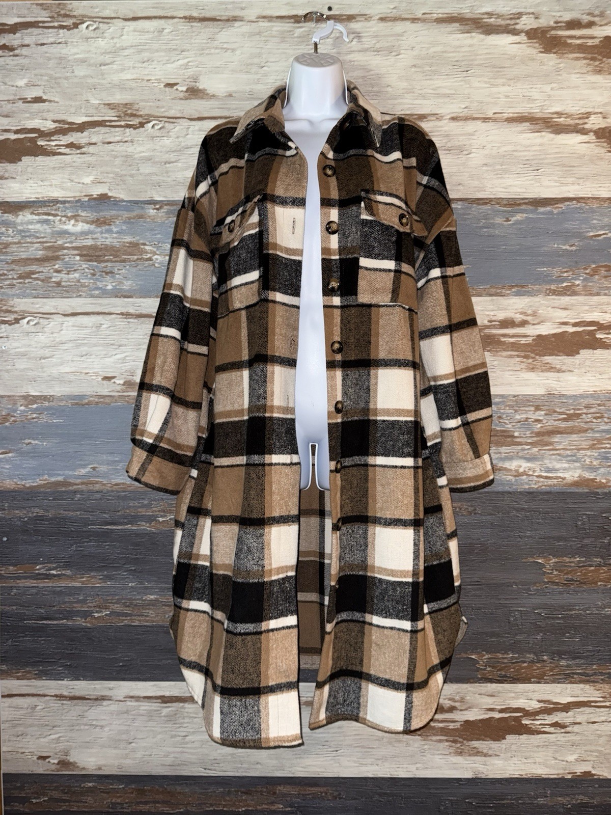 Plaid Button Up Long wool Duster Jacket Women’s Size Large L Brown Boho NWOT