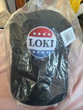 Bioworld Loki Red, White Blue Button Embroidered Black Cotton Twill Hat New