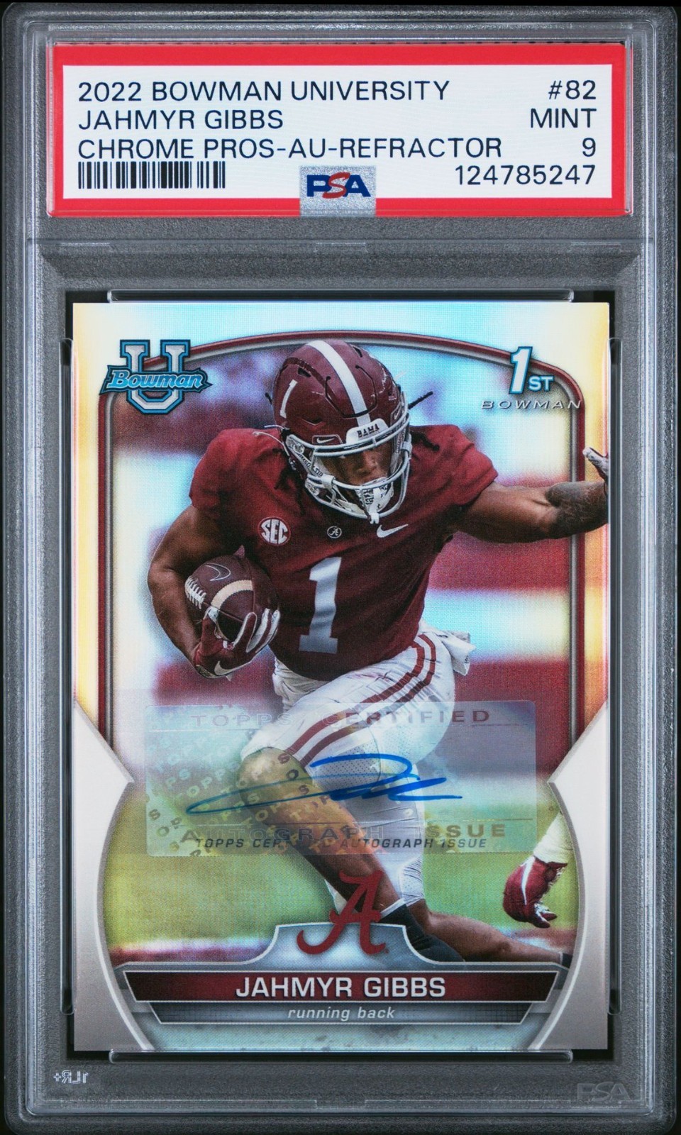 2022 BOWMAN UNIVERSITY CHROME #82 JAHMYR GIBBS REFRACTOR AUTO #/499 PSA 9 RC