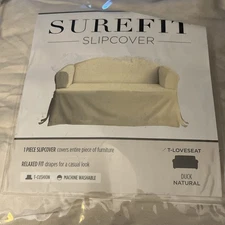 SureFit 100% Cotton Duck Canvas T Cushion Loveseat Slipcover  Natural New In Bag