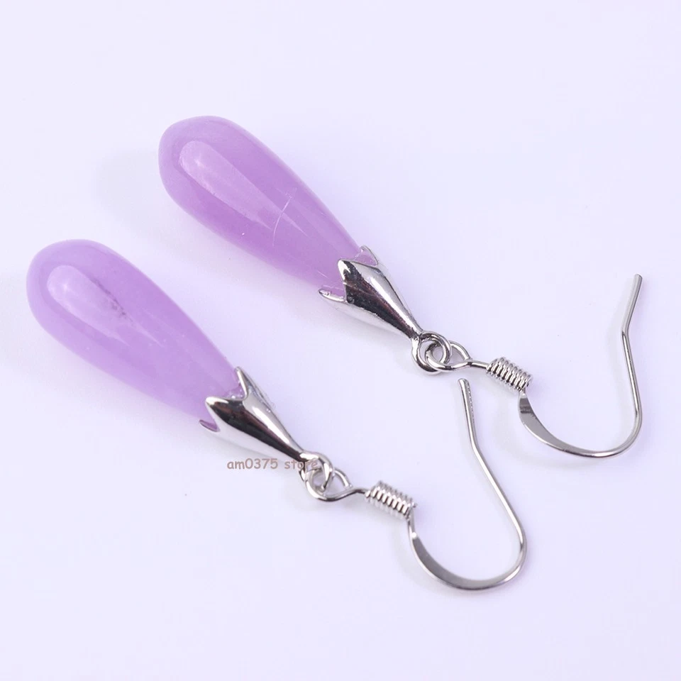 镀白金紫色玉石英女式翡翠雨滴耳环钩 — 第 4/4 张图片