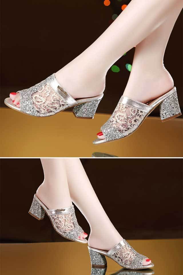 PANTOFOLA D’ORO Ciabatte donna paillettes slip on scarpe punta aperta tacco a blocco sandali decolte