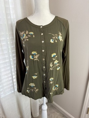 J Jill Embroidered Woven Shirt Green with Flowers Spring Size Small Women