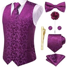 Silk Mens Suit Vest Tie and Bowtie Lapel Pin Gold Tie Clip Large Red Purple