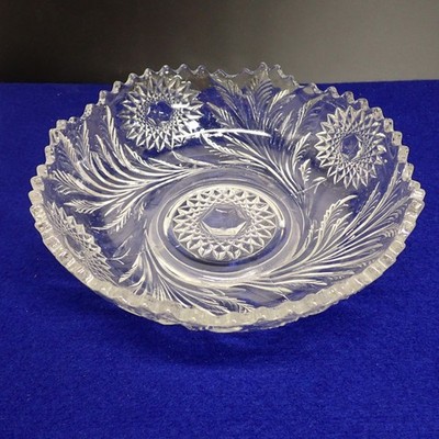 EAPG Cut Glass 9'' Serving Bowl Clear Pinwheel Feathers Pattern Sawtooth Vtg ZY2