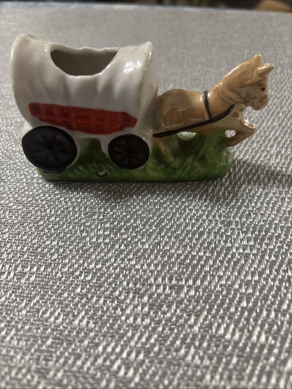 Vintage Ceramic Horse & Wagon Drawn Covered Figurine Toothpick Holder Pin Cush