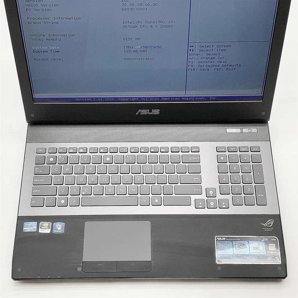 ASUS ROG G74S Laptop Intel Core i7 2670QM 2.20GHZ 17.3" FHD 8GB RAM NO HDD Parts - Image 3 of 4