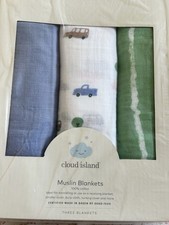Muslin Swaddle Baby Blanket - Blue, Green, White 3 Pack Cloud Island 47x47 Inche