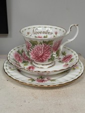 Royal Albert Flower of the month trio, November, cup, saucer, plate