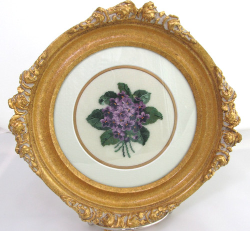 Vintage Micro Needlepoint Purple Violets Flowers Framed Cottage Granny Core 10"