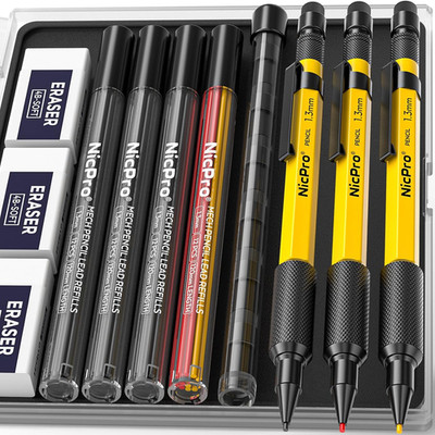 Nicpro 3 PCS 1.3 Mm Mechanical Pencil Set with 48 Lead Refills, 3 Eraser