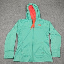The North Face Hoodie Womens Large Green Fleece Full Zip Jacket Thumbholes Logo