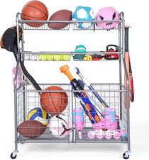 Rolling Sports Equipment Organizer with Wheels, Garage Ball Storage Rack for Bas