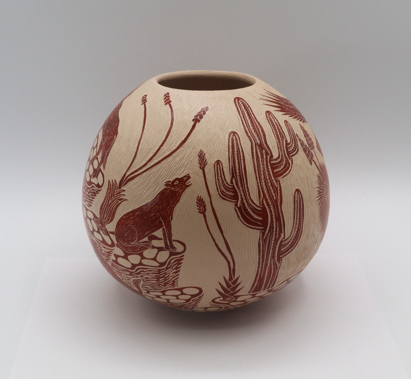 Mata Ortiz Redware Pot Leonel Lopez Saenz Carved Desert Scene Animal Cactus 5.5"