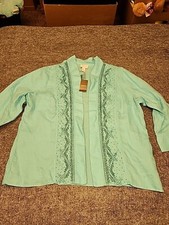 Chicos Jacket Womens 3 Aqua Breeze Beaded Cutout Open Linen Coastal Beach Summer