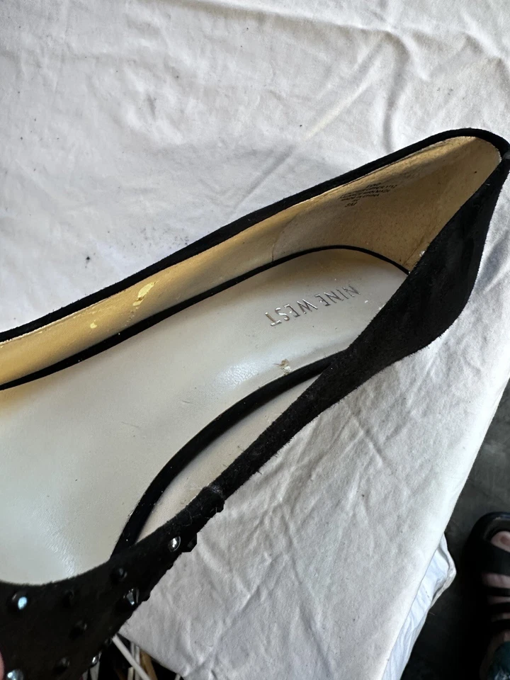 Tacones de cuero formales Nine West talla 8 gamuza negra estrás punta abierta Foto 4 de 4