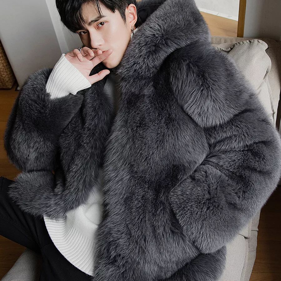 HoT Winter New Fox Fur Coat Men's Thickened Hooded Faux Fur Coat Trend  Jackets