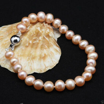 Genuine Natural 7-8mm Pink Freshwater Cultured Pearl Beads Bracelet 7.5''