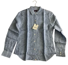 UNTUCKit size 4 Villa Fiore 100% Linen Blue White Stripe Button up Shirt Top 4