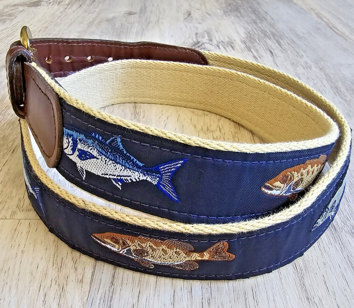 LL Bean Canvas & Leather Fish Belt Brass Buckle Navy Fabric  display picture 3