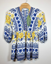 Farm Rio Blue Azulina Print Large V-Neck Balloon Sleeve Short Dress Monstera